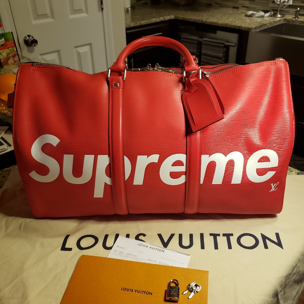 Louis Vuitton epi red supreme keepall 50